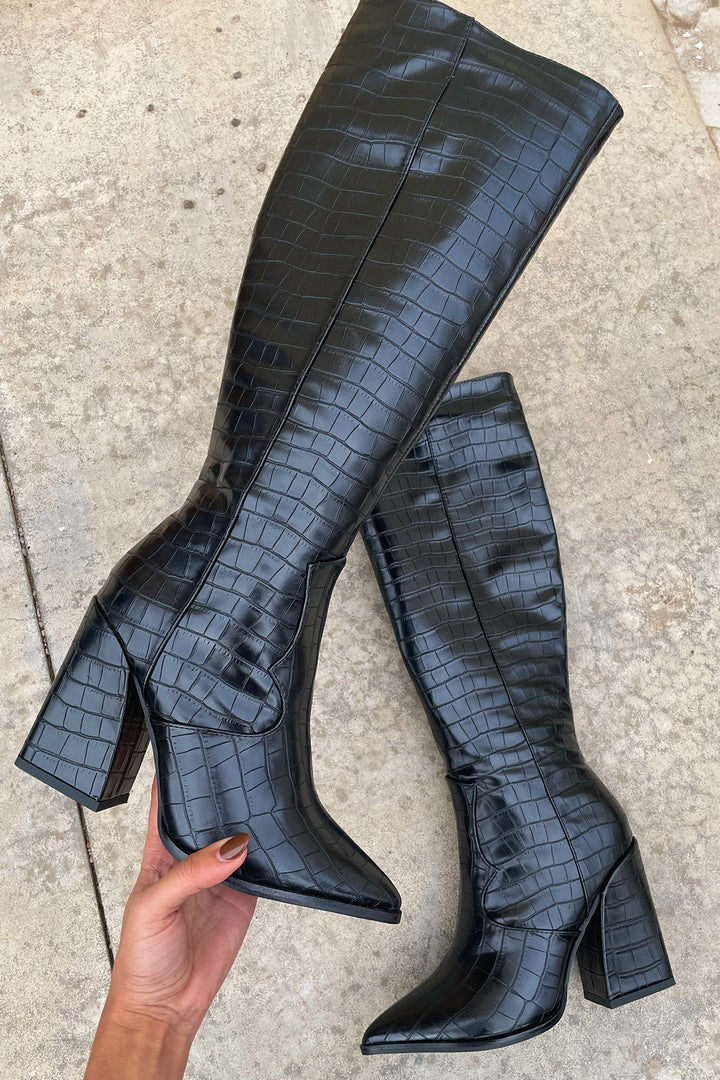 Mila™ | Black Croc Knee-High Boots