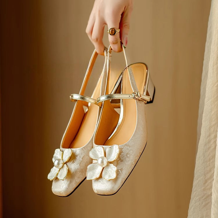 Isabeau | Women's Floral Mary Jane Pumps Block Heel Jacquard Strap