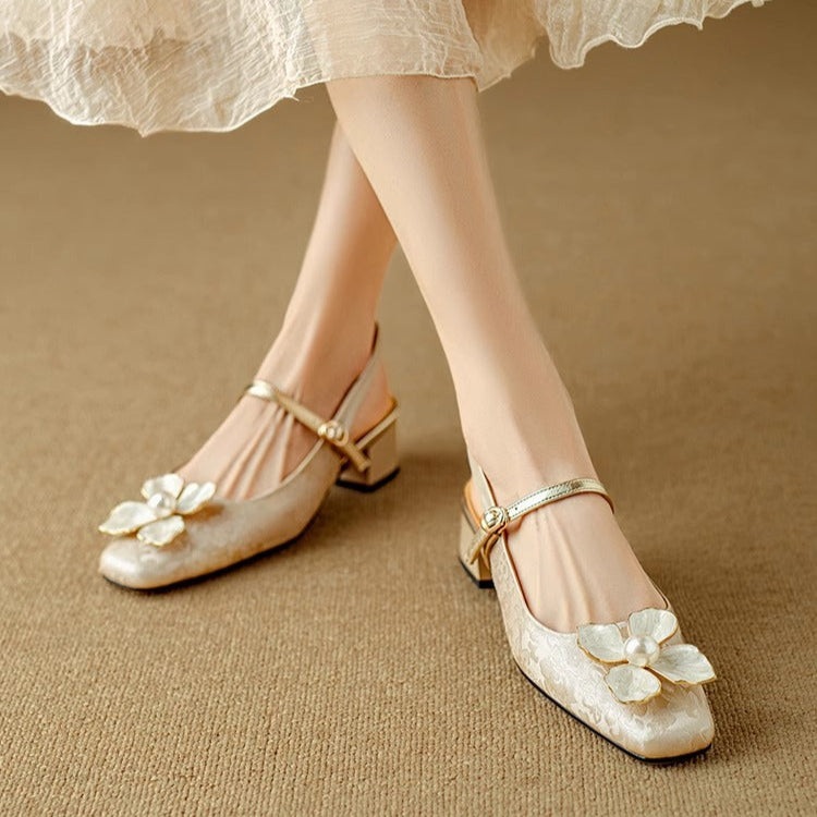 Isabeau | Women's Floral Mary Jane Pumps Block Heel Jacquard Strap