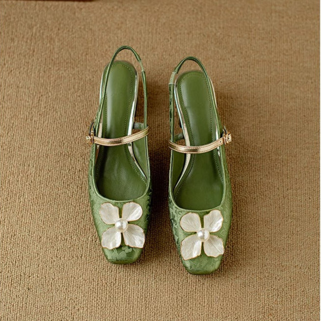 Isabeau | Women's Floral Mary Jane Pumps Block Heel Jacquard Strap