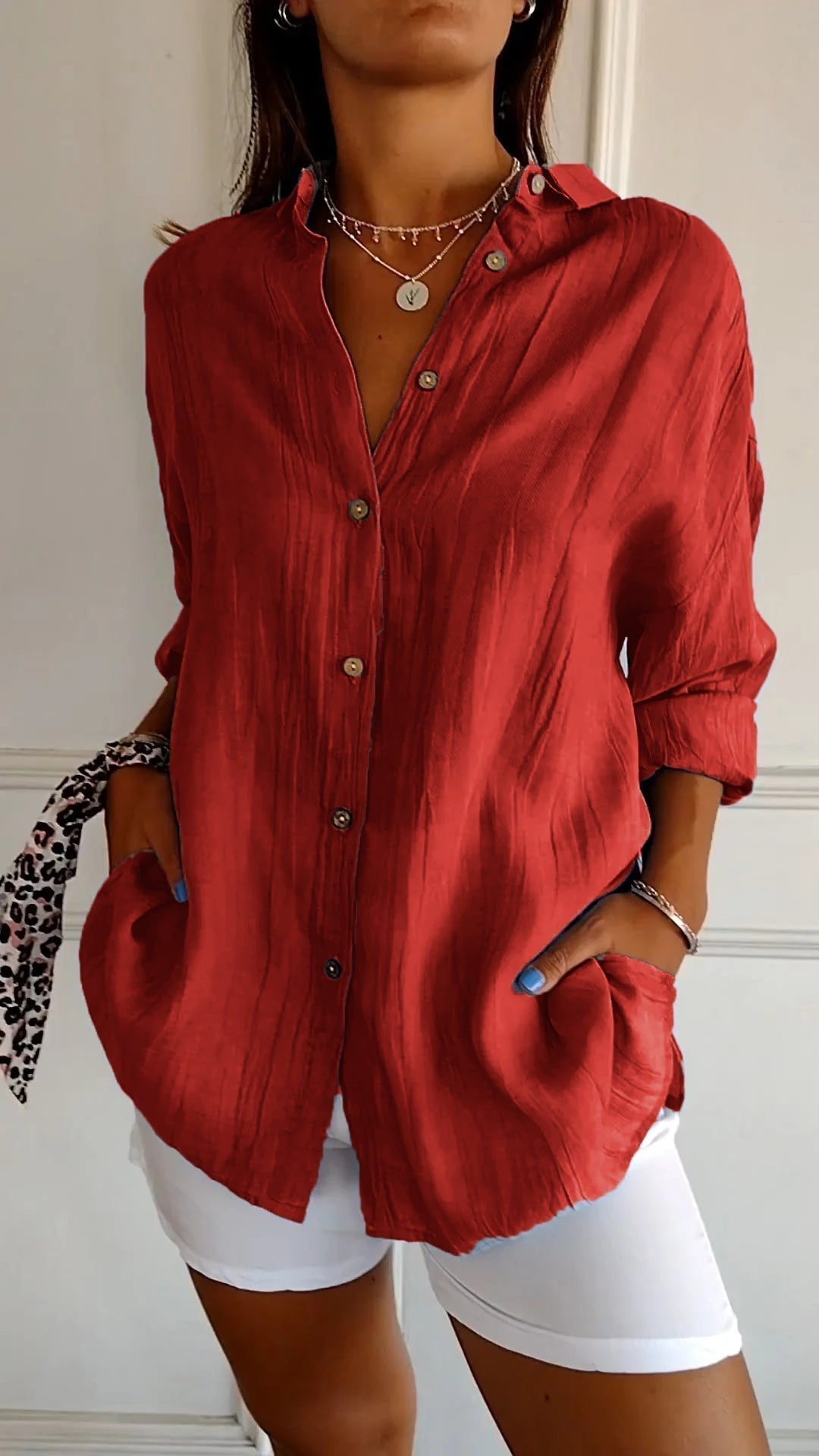 Azure | Women's Casual Button-Down Shirt Oversized Long Sleeve