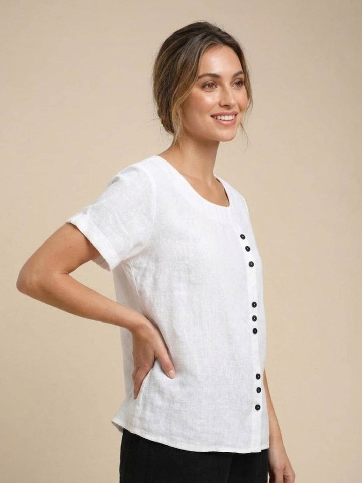 Foreen | Women's Casual Scoop Neck Button Detail Short Sleeve Top