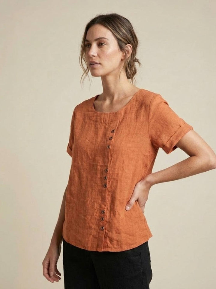 Foreen | Women's Casual Scoop Neck Button Detail Short Sleeve Top