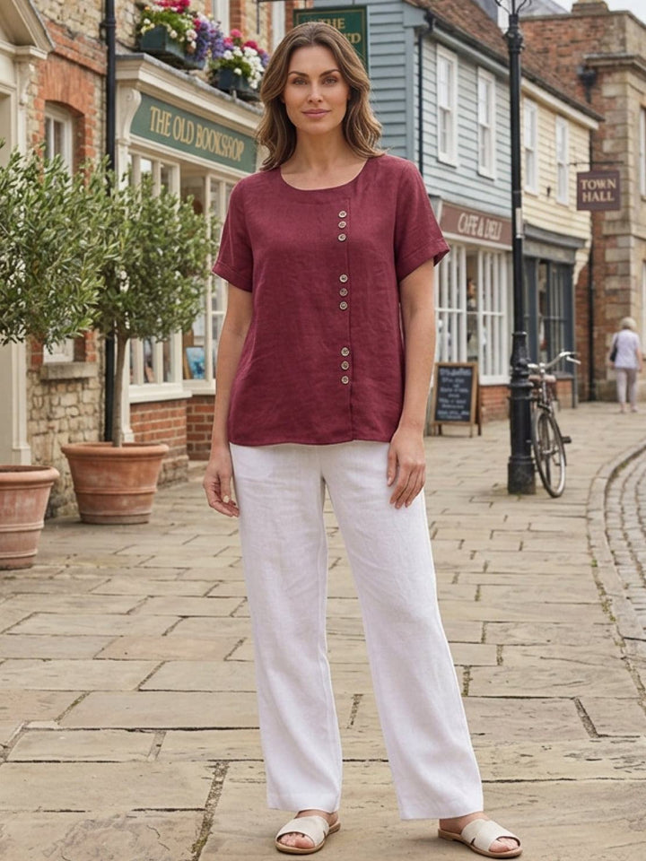 Foreen | Women's Casual Scoop Neck Button Detail Short Sleeve Top