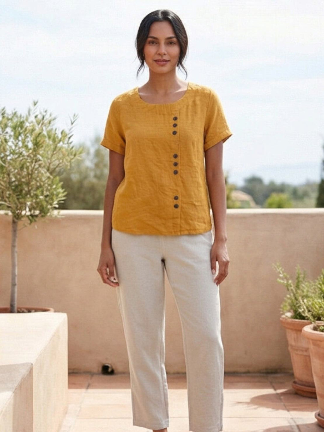 Foreen | Women's Casual Scoop Neck Button Detail Short Sleeve Top