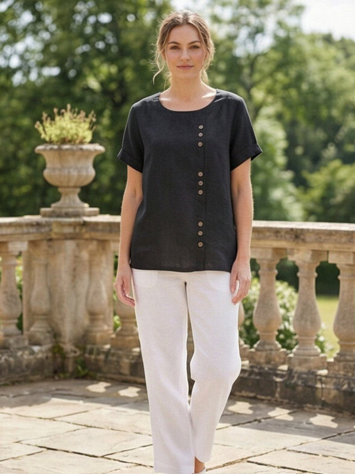 Foreen | Women's Casual Scoop Neck Button Detail Short Sleeve Top