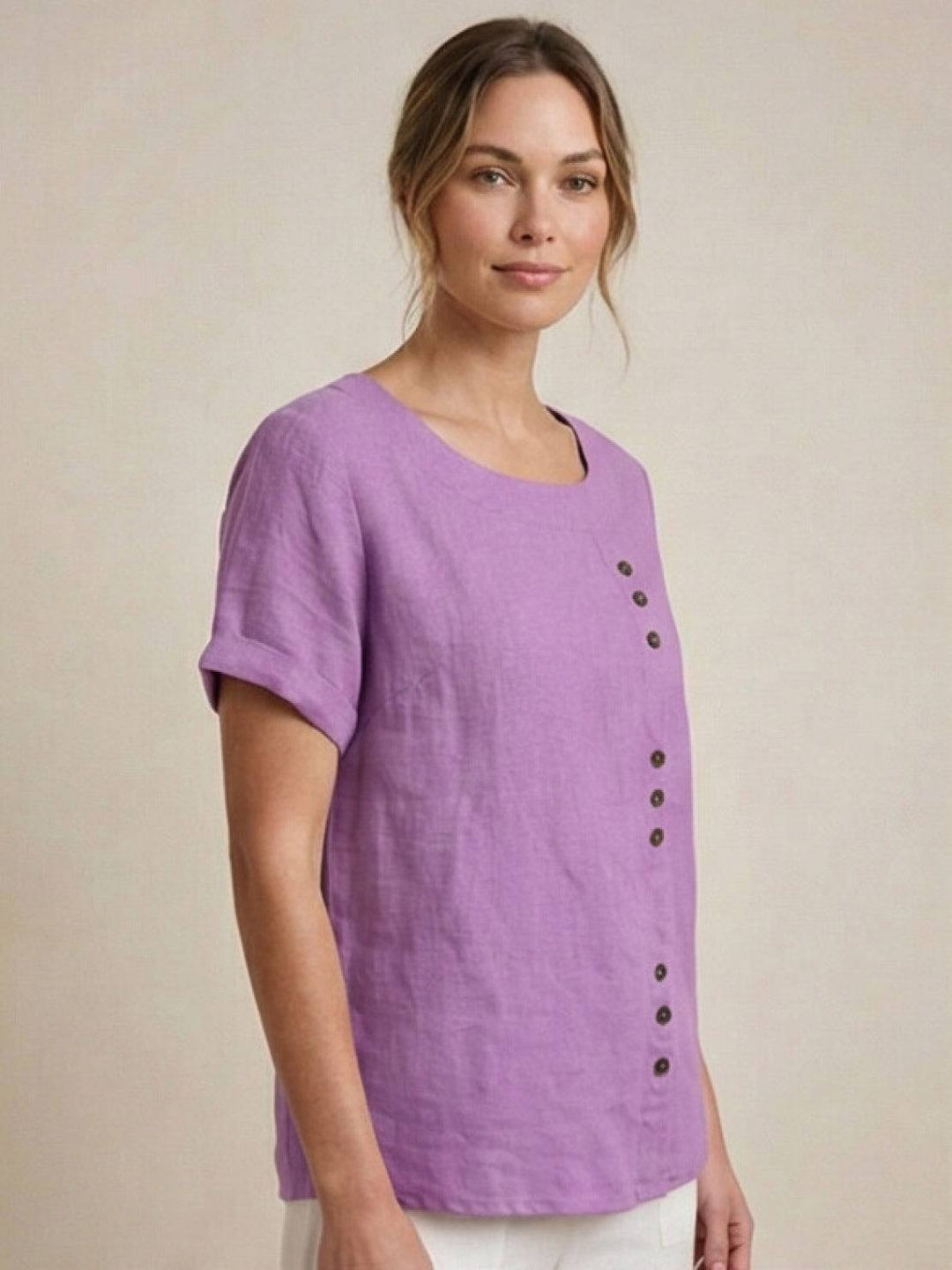 Foreen | Women's Casual Scoop Neck Button Detail Short Sleeve Top