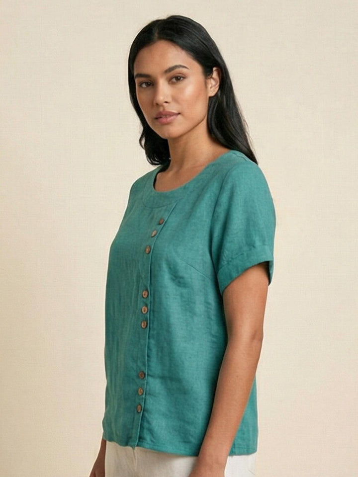Foreen | Women's Casual Scoop Neck Button Detail Short Sleeve Top