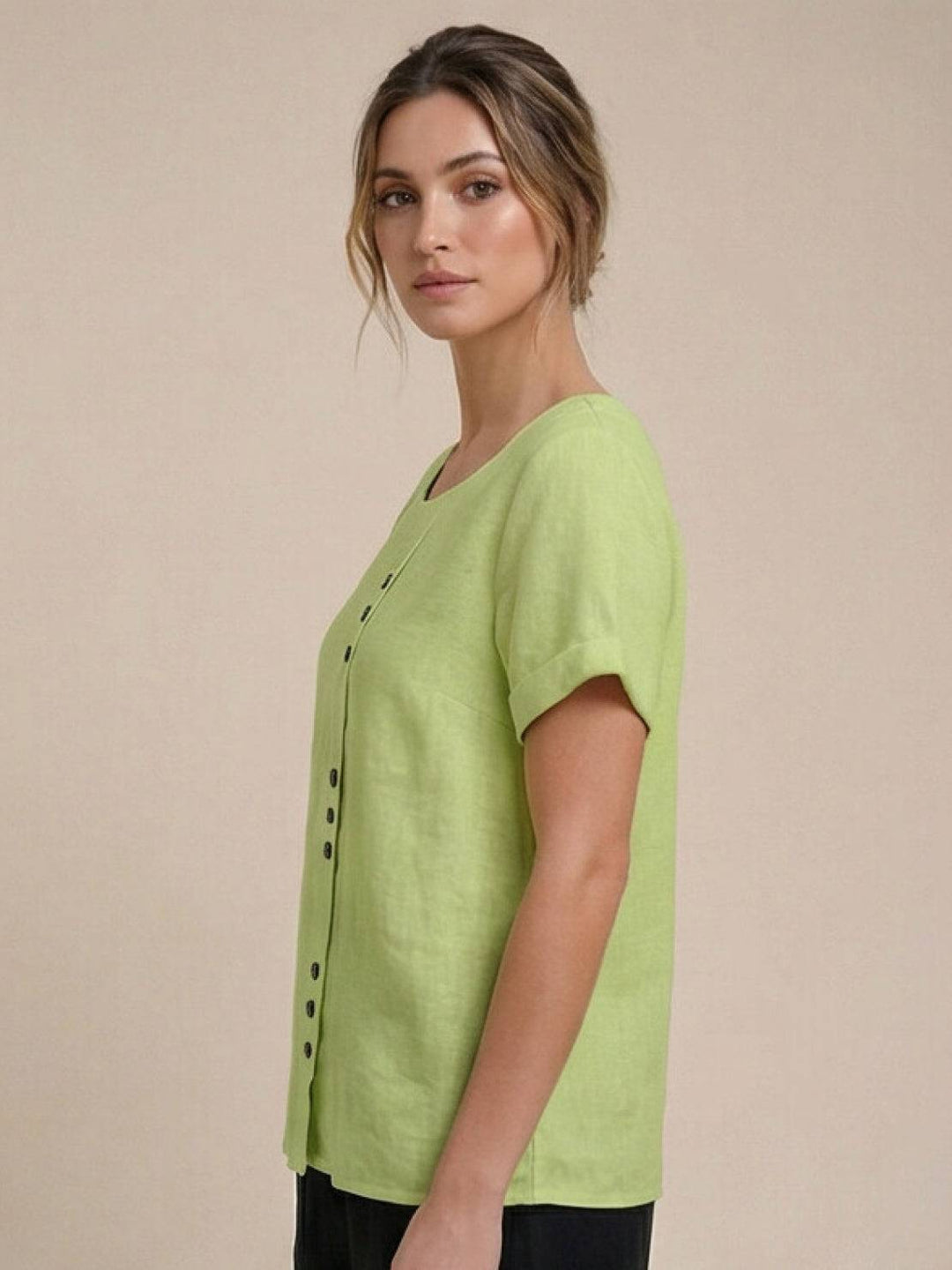 Foreen | Women's Casual Scoop Neck Button Detail Short Sleeve Top