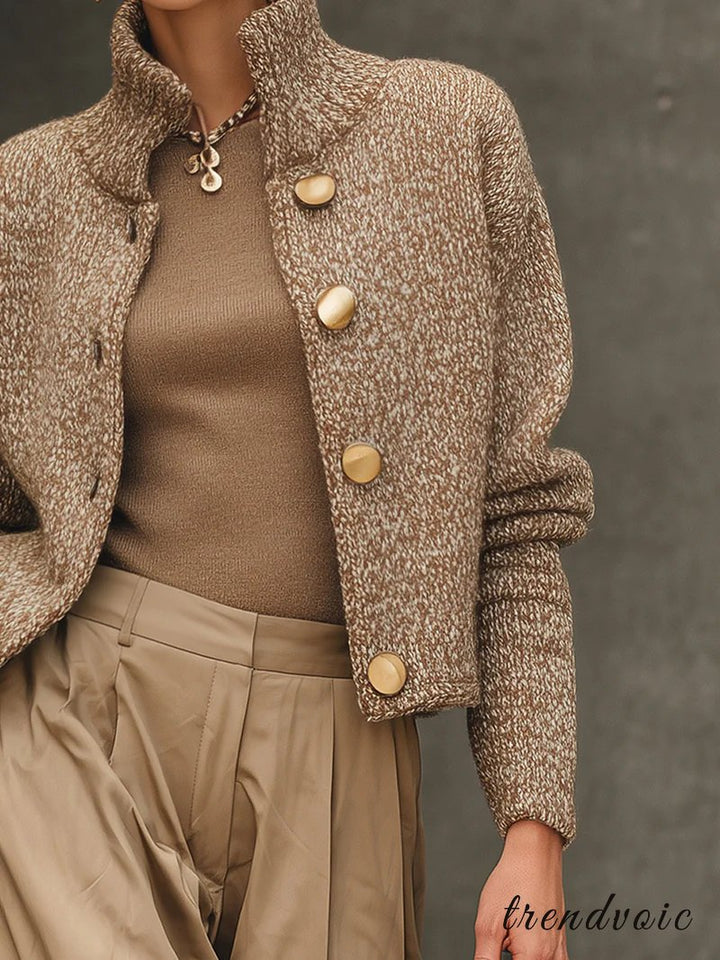 Camille | Women's Tweed Jacket – Cropped Knit Jacket Gold Button Elegant Style