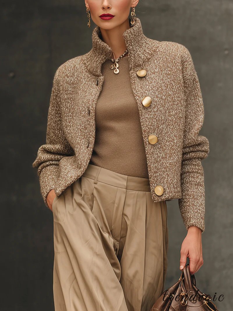 Camille | Women's Tweed Jacket – Cropped Knit Jacket Gold Button Elegant Style